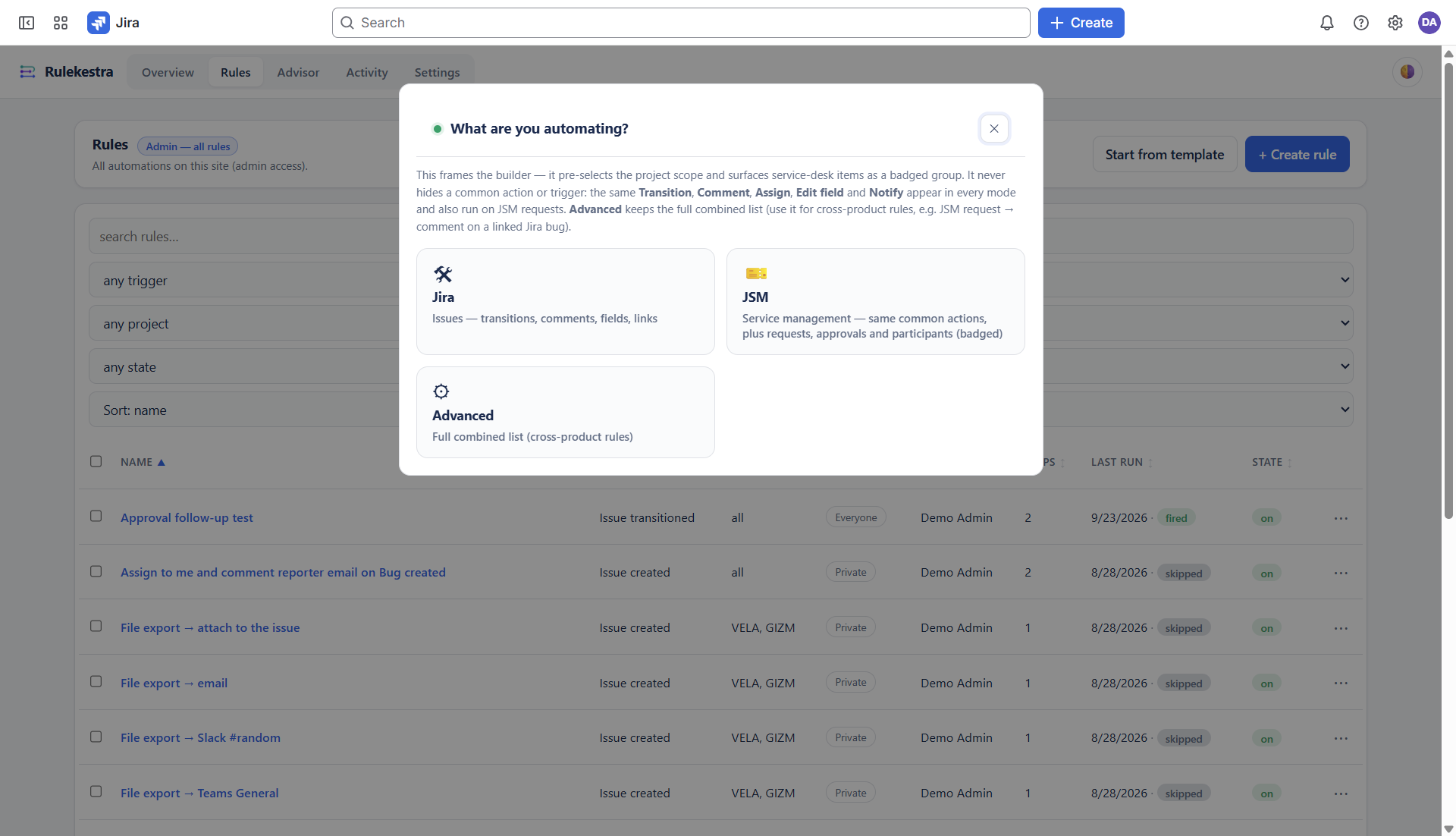 Rulekestra mode picker: Jira, JSM and Advanced